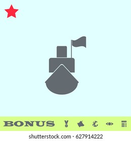 Ship icon flat. Grey pictogram on blue background. Vector illustration symbol and bonus buttons medal, cow, earth, eye, calculator