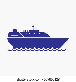 Ship Icon. Flat Isolated Blue Color Vector Graphic Silhouette and Sea Element