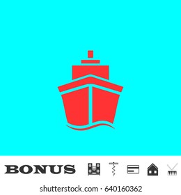 Ship icon flat. Red pictogram on blue background. Vector illustration symbol and bonus buttons Music center, corkscrew, credit card, house, drum