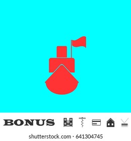 Ship icon flat. Red pictogram on blue background. Vector illustration symbol and bonus buttons Music center, corkscrew, credit card, house, drum