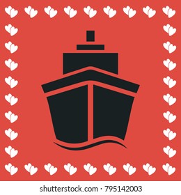 Ship icon flat. Simple black pictogram on red background with white hearts for valentines day. Vector illustration symbol