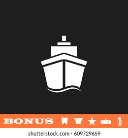 Ship icon flat. White pictogram on black background. Vector illustration symbol and bonus button tooth, vase, star, mirror, bottle