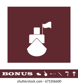 Ship icon flat. White pictogram on brown background. Vector illustration symbol and bonus icons