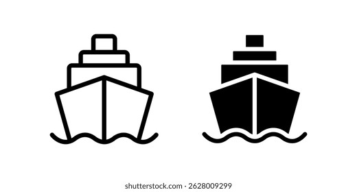 Ícone Entrega. Vista frontal do cruzeiro no sinal de ondas do oceano. Símbolo de transporte marítimo para viagens marítimas e turismo. Pictograma da viagem náutica e das férias. Ilustração de aventura à vela.
