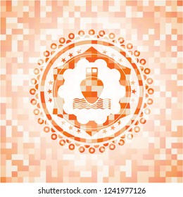 ship icon inside abstract emblem, orange mosaic background