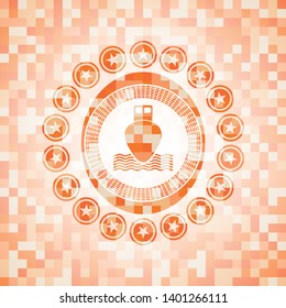 ship icon inside abstract emblem, orange mosaic background
