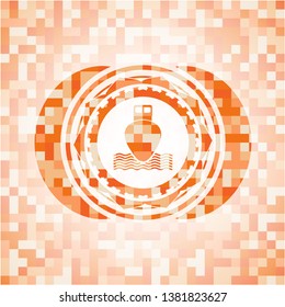 ship icon inside abstract orange mosaic emblem with background