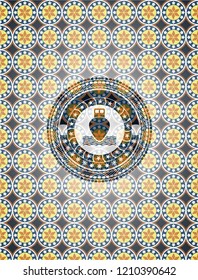 ship icon inside arabesque badge background. arabic decoration.