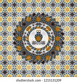 ship icon inside arabesque badge. arabic decoration.