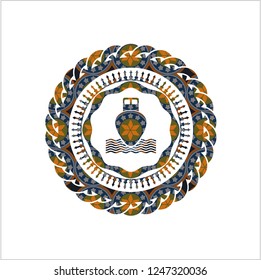 ship icon inside arabesque badge background. arabic decoration.