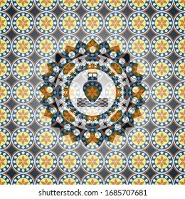 ship icon inside arabesque emblem background. arabic decoration.