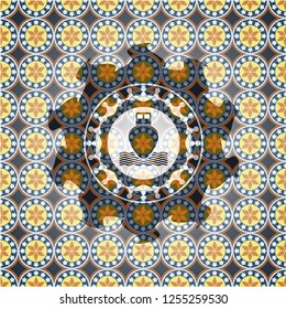ship icon inside arabesque style badge. arabic decoration.