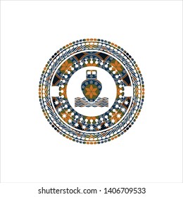 ship icon inside arabesque style badge. arabic decoration.