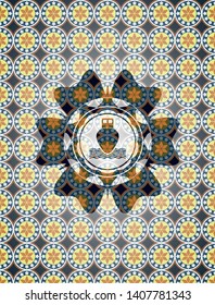 ship icon inside arabesque style badge. arabic decoration.