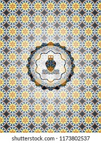 ship icon inside arabic badge background. Arabesque decoration.