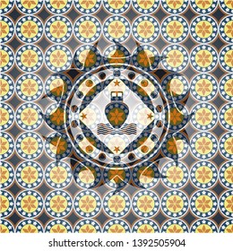 ship icon inside arabic badge background. Arabesque decoration.