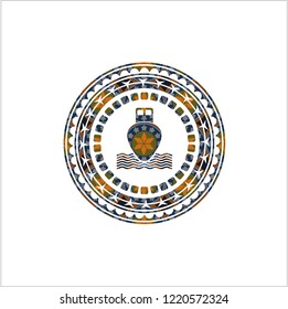 ship icon inside arabic emblem. Arabesque decoration.