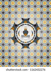 ship icon inside arabic style badge. Arabesque decoration.