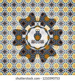 ship icon inside arabic style emblem. Arabesque decoration.