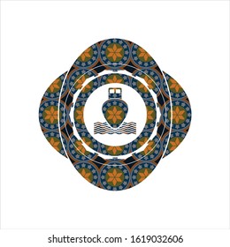 ship icon inside arabic style emblem. Arabesque decoration.