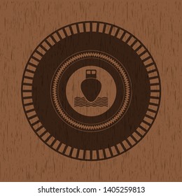 ship icon inside badge with wood background