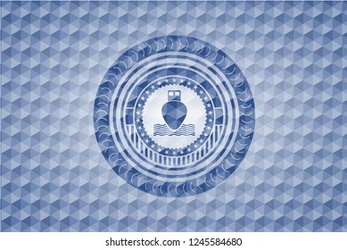 ship icon inside blue badge with geometric pattern.