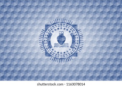 ship icon inside blue emblem or badge with abstract geometric pattern background.