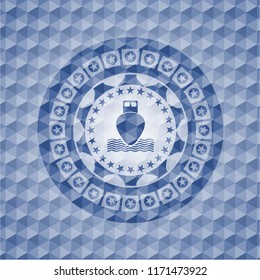 ship icon inside blue emblem with geometric pattern background.