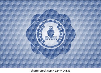 ship icon inside blue emblem with geometric pattern.