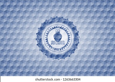ship icon inside blue emblem or badge with abstract geometric pattern background.