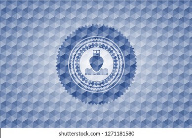 ship icon inside blue emblem with geometric pattern background.