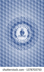 ship icon inside blue emblem or badge with geometric pattern background.