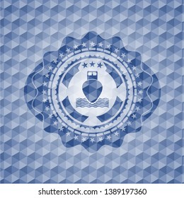 ship icon inside blue emblem with geometric pattern background.