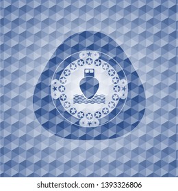 ship icon inside blue emblem with geometric pattern.
