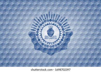 ship icon inside blue emblem or badge with abstract geometric polygonal pattern background.