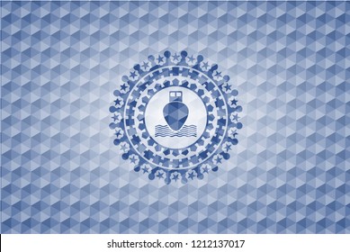 ship icon inside blue hexagon emblem.