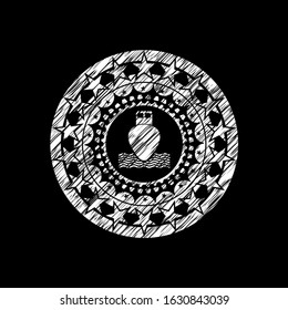 ship icon inside chalkboard emblem written on a blackboard