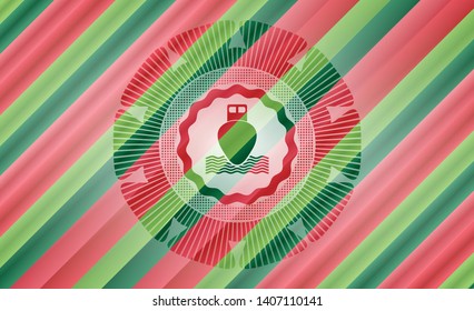 ship icon inside christmas colors emblem.