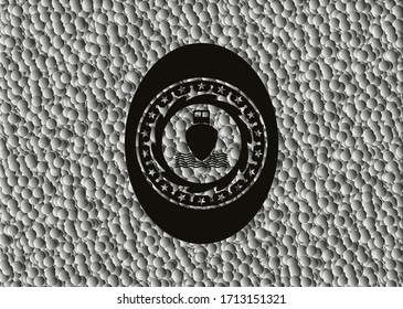 ship icon inside dark badge with grey bubbles background. Vector Illustration. Detailed. 