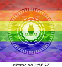 ship icon inside emblem on mosaic background with the colors of the LGBT flag