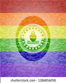 ship icon inside emblem on mosaic background with the colors of the LGBT flag