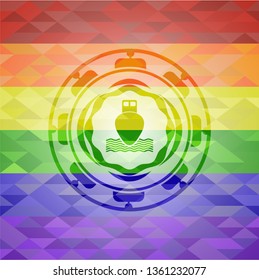 ship icon inside emblem on mosaic background with the colors of the LGBT flag