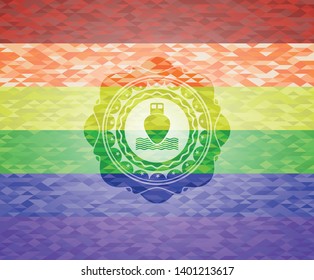 ship icon inside emblem on mosaic background with the colors of the LGBT flag