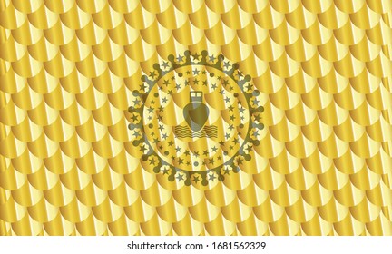 ship icon inside gold badge or emblem. Scales pattern. Vector Illustration. Detailed.