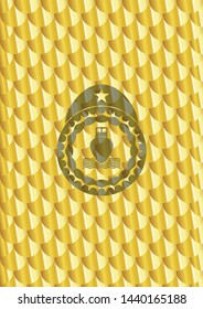 ship icon inside golden badge or emblem. Scales pattern. Vector Illustration. Detailed.