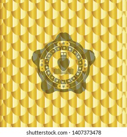 ship icon inside golden emblem or badge. Scales pattern. Vector Illustration. Detailed.