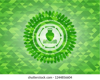 ship icon inside green emblem with triangle mosaic background