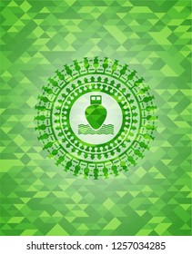 ship icon inside green emblem with mosaic background