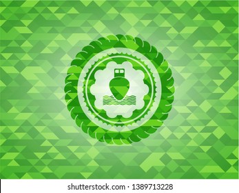 ship icon inside green emblem. Mosaic background