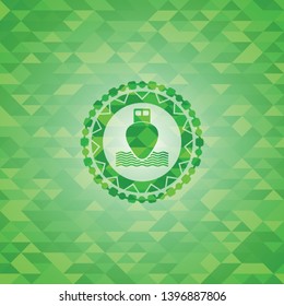ship icon inside green emblem with mosaic ecological style background